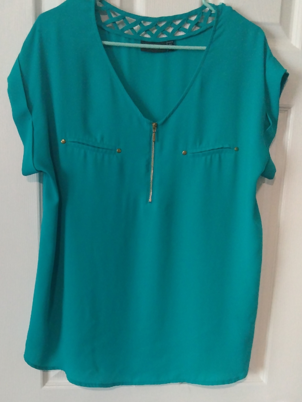Apt. 9 Teal Short-Sleeve V-Neck Blouse with Zip and Stud Accents